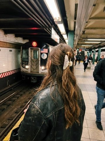 cherry hearts hair clip on the NYC subway platform