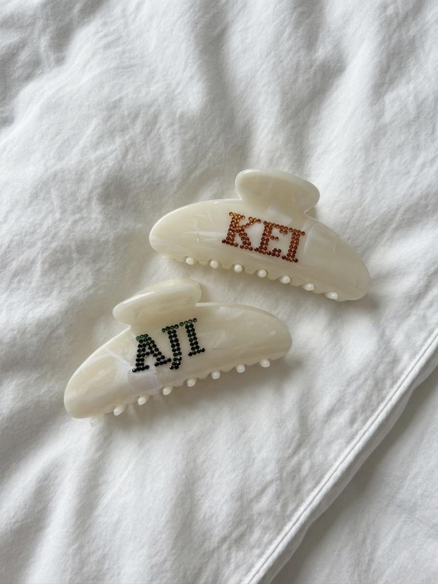 C initial rhinestone hair clip on linen pillow