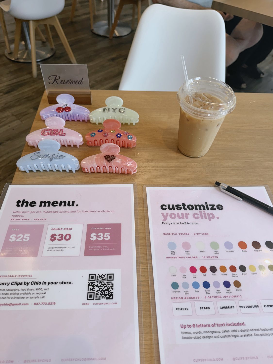 clips by chlo menu and customize sheet on a cafe table