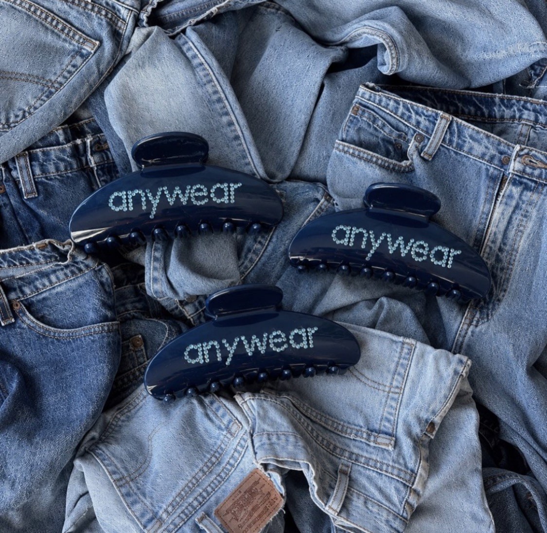 Navy Anywear clips on denim